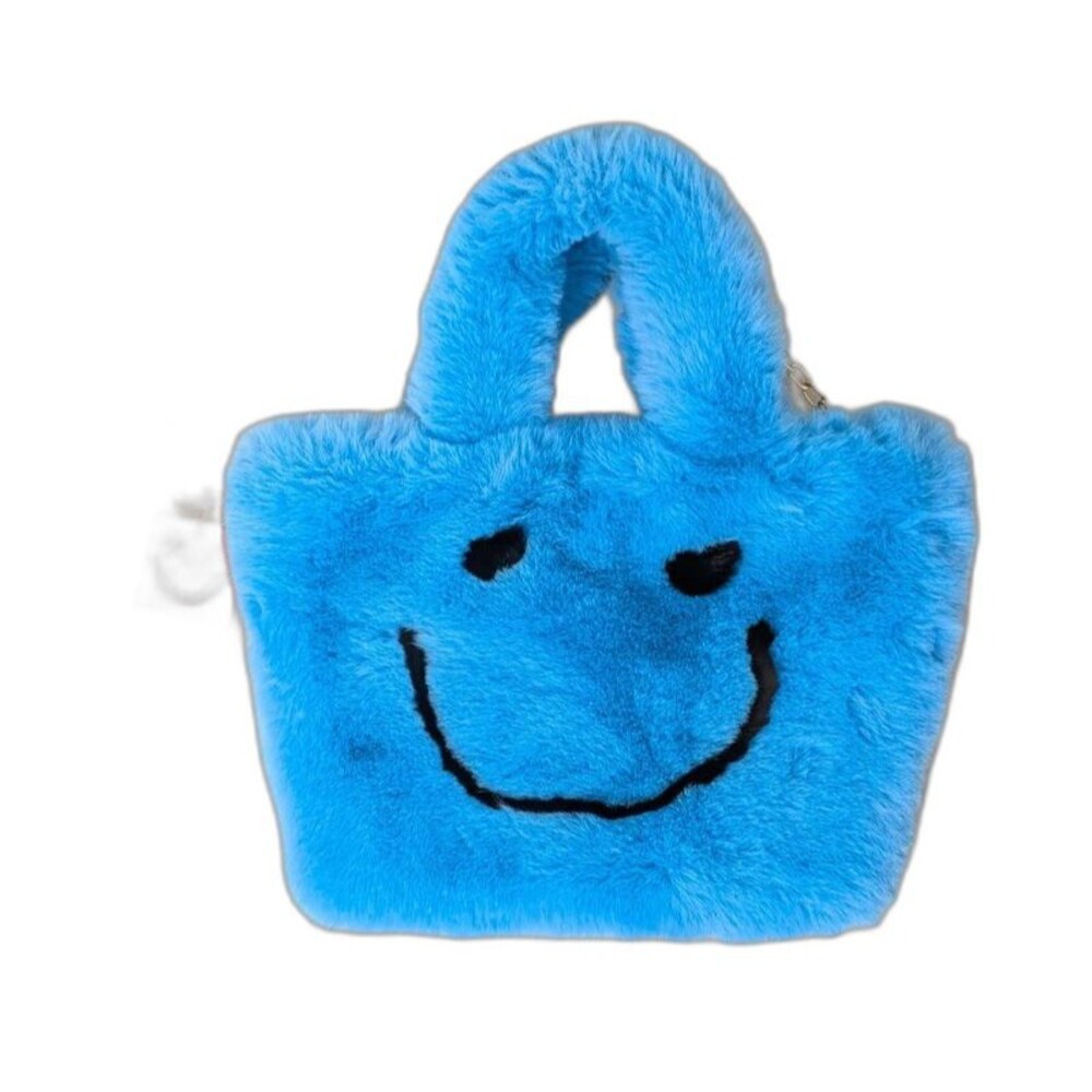 Blue Faux Fur Happy Face Emoji Purse Handbag Girls Teens